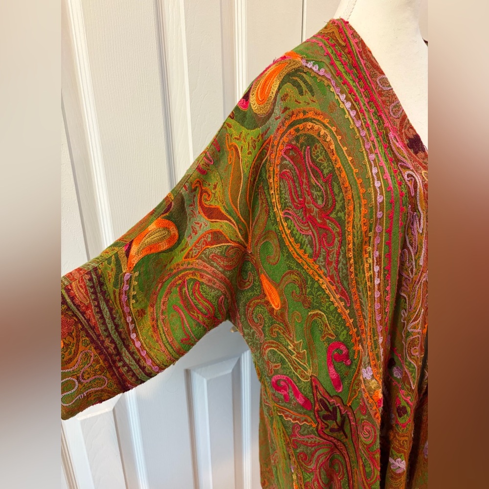 Soft Surroundings Green, Orange, Red and Pink Oasis Wool Open Kimono Size L/XL - Picture 3 of 8